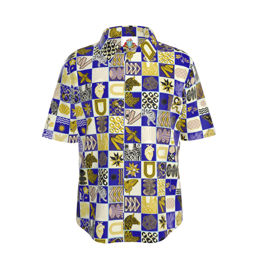 Chessboard Print Silk Button Down Shirt